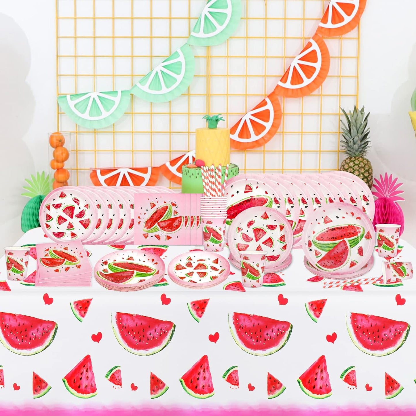 81Pcs Watermelon Party Tableware Set Serves 16, One In A Melon Party Decorations Include Watermelon Plates, Napkins, Straws, Cups, Tablecloth for Summer Birthday Pool Fruit Party