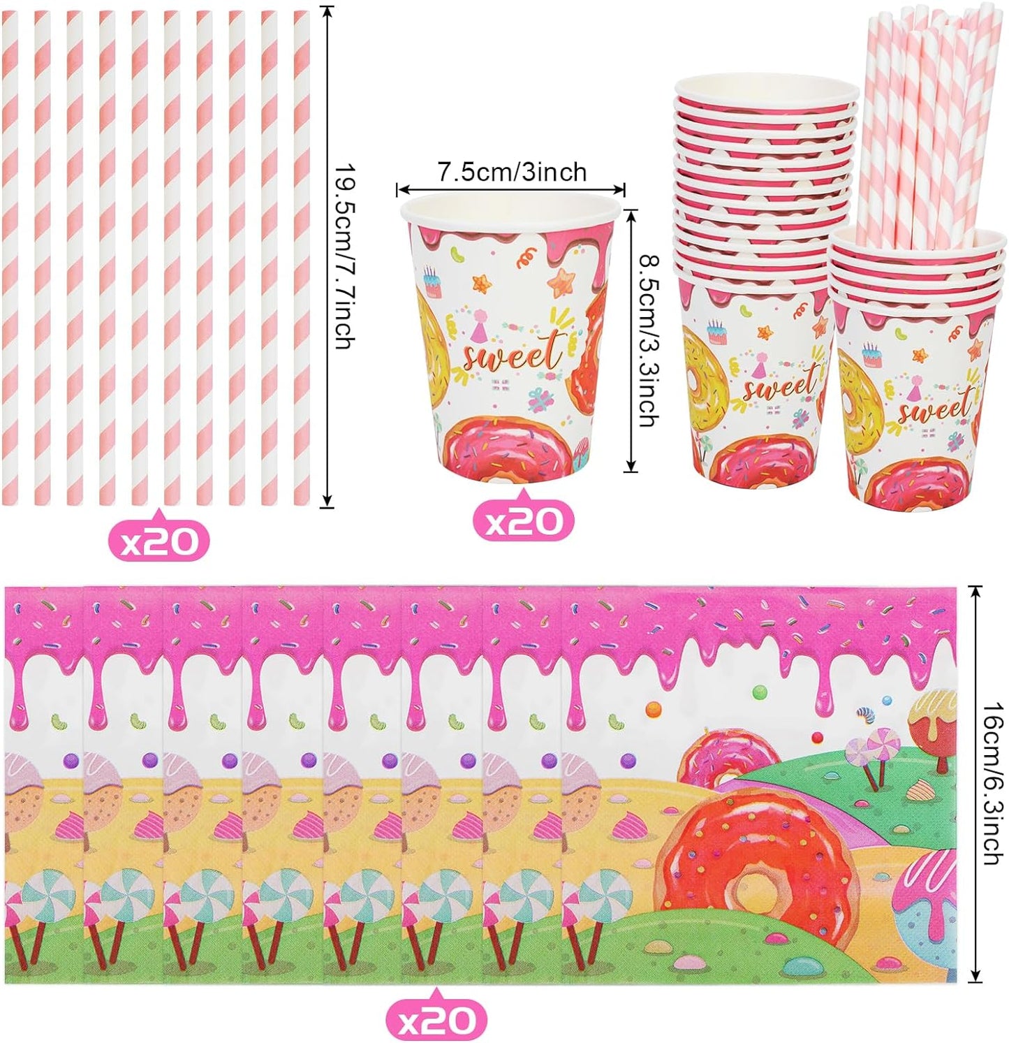 100pcs Donut Party Tableware Set Serves 20, with Donut Plates, Donut Napkins, Straws, Donut Cups for Baby Shower Birthday Party