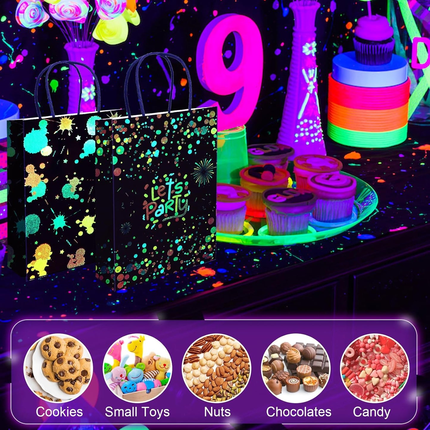 16 Pack Neon Treat Bags with Handle, Glow Paint Splatter Candy Gift Bag, Glow in The Dark Favor Bags for Neon Birthday Party Supplies