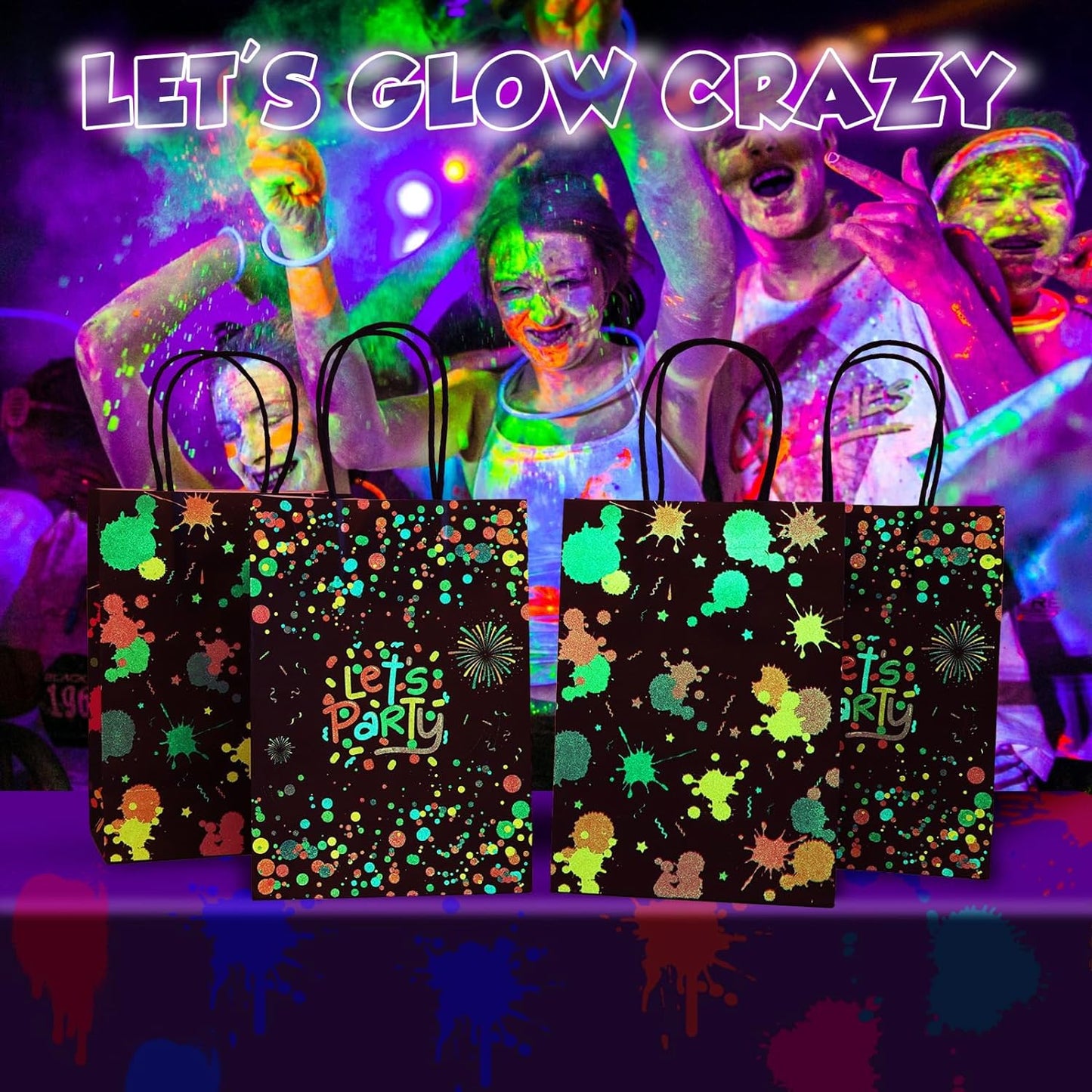 16 Pack Neon Treat Bags with Handle, Glow Paint Splatter Candy Gift Bag, Glow in The Dark Favor Bags for Neon Birthday Party Supplies