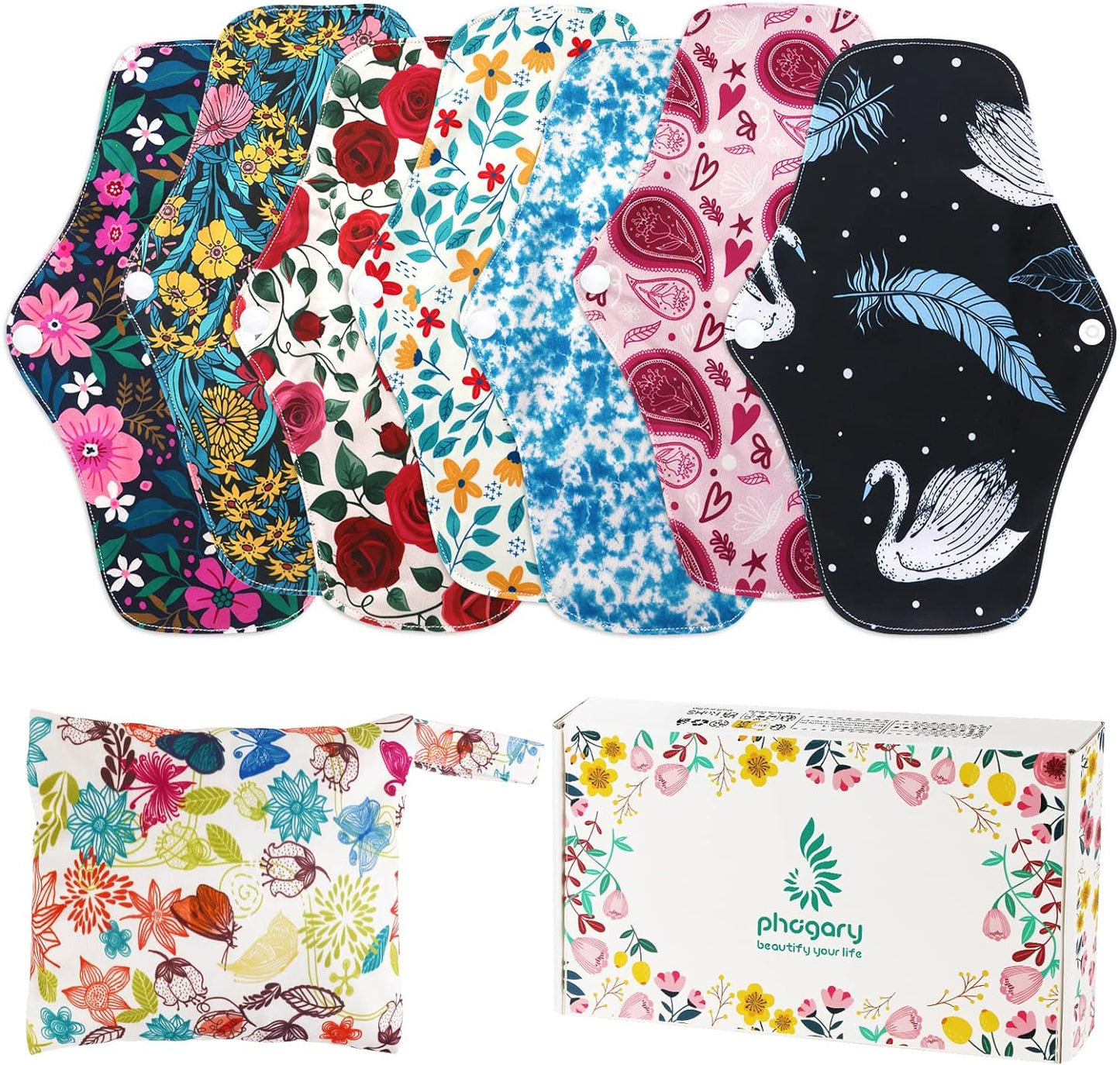 7 in 1 Reusable Menstrual Pads Bamboo Cloth Pads for Heavy Flow with Wet Bag, 10 x 7in