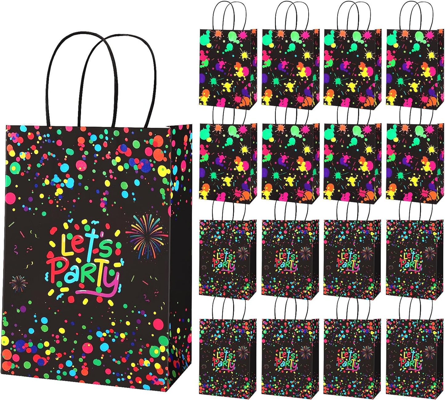 16 Pack Neon Treat Bags with Handle, Glow Paint Splatter Candy Gift Bag, Glow in The Dark Favor Bags for Neon Birthday Party Supplies