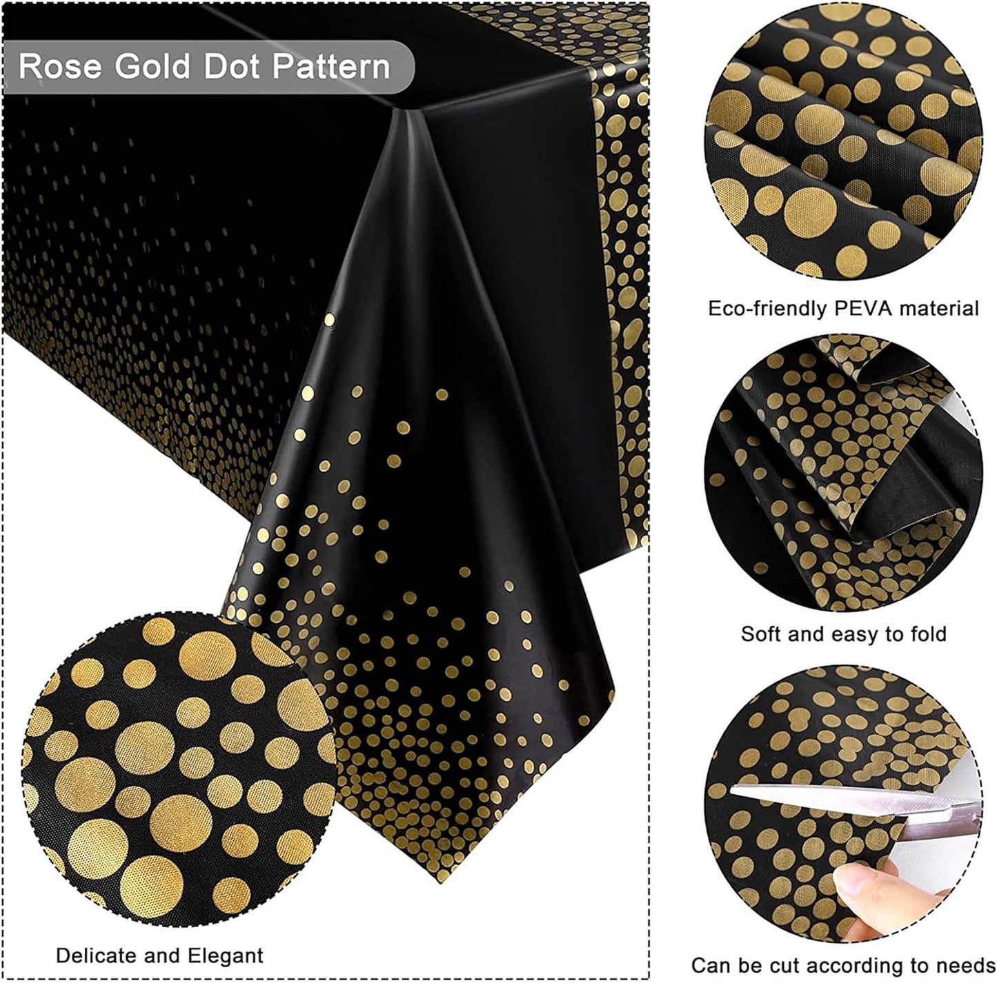 3 Pack Black and Gold Dot Tablecloth Plastic Disposable Table Cover for Wedding Birthday Baby Shower Decoration