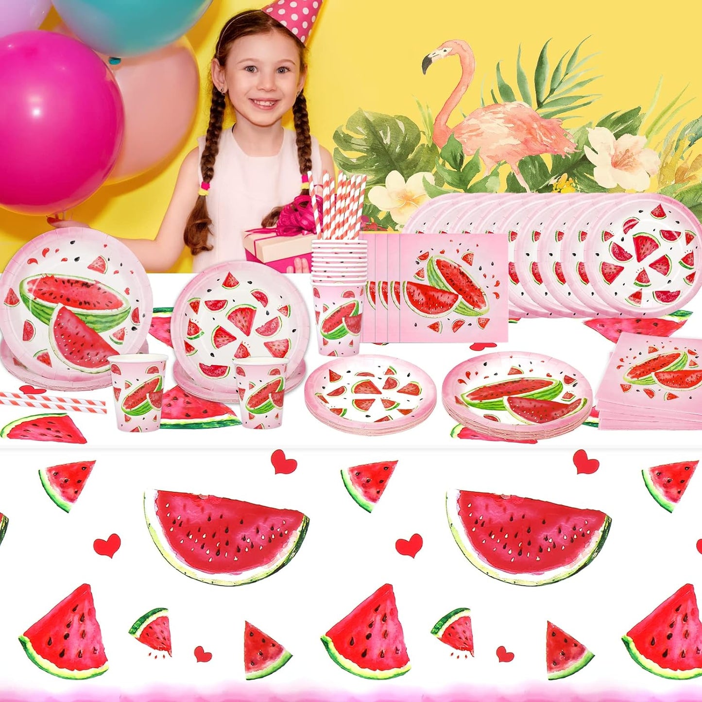 81Pcs Watermelon Party Tableware Set Serves 16, One In A Melon Party Decorations Include Watermelon Plates, Napkins, Straws, Cups, Tablecloth for Summer Birthday Pool Fruit Party