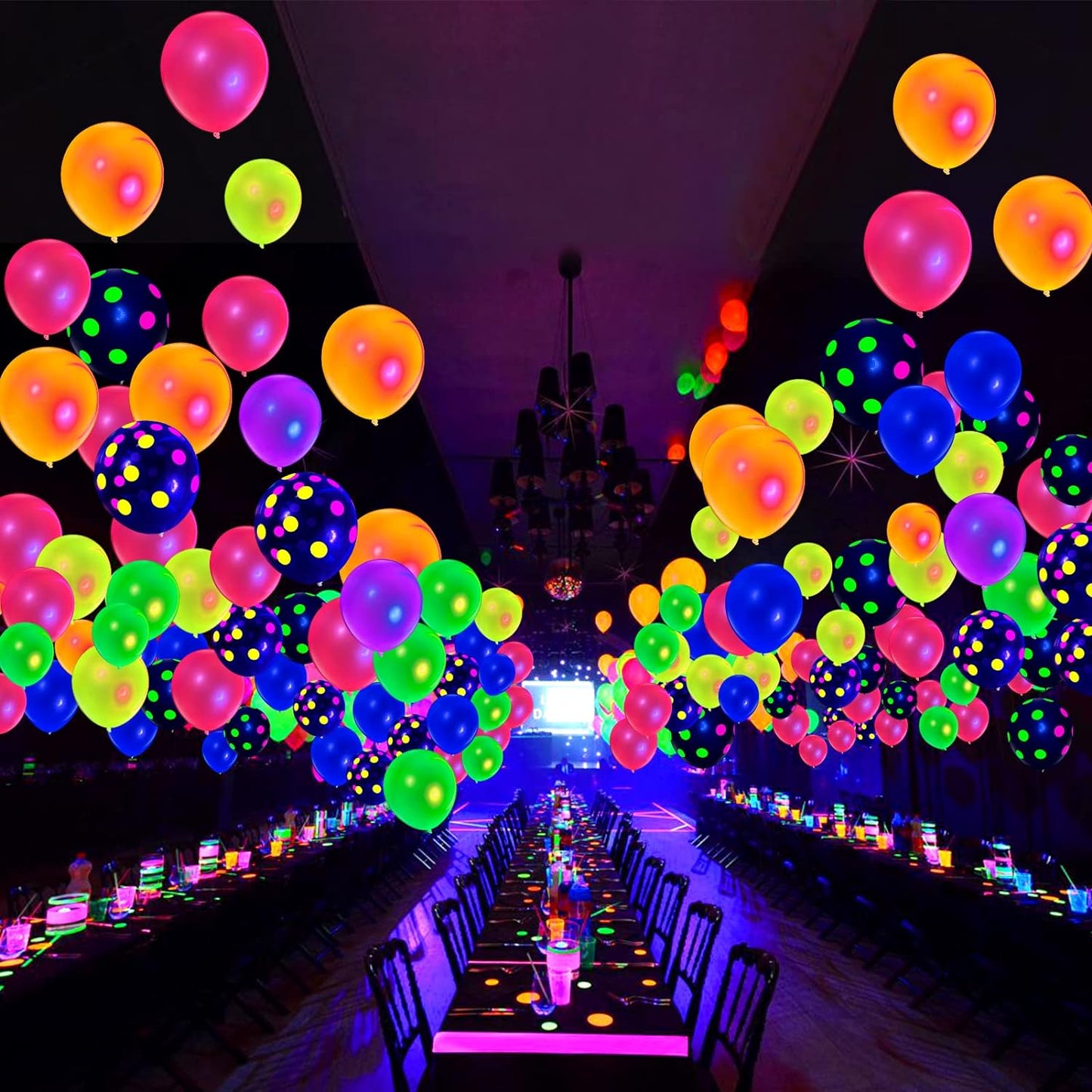 100 Pcs UV Neon Balloons, 12” Polka Dot Blacklight Balloons Glow in the Dark Luminous Helium Latex Balloon for Birthday, Wedding, Neon Party, Glow Party Decoration