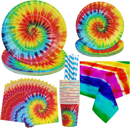 81Pcs Tie Dye Party Tableware Set Serves 16, Hippie Party Supplies Includes Tie Dye Plates, Napkins, Straws, Cups, Tablecloth for Rainbow Party Theme Tie Dye Party Decorations