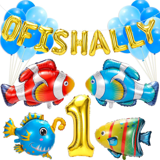 35pcs Fish Balloons Kit for 1st Birthday Decorations, Mylar Gone Fishing Balloon Sea Animal Party Balloon Clownfish Foil Balloons