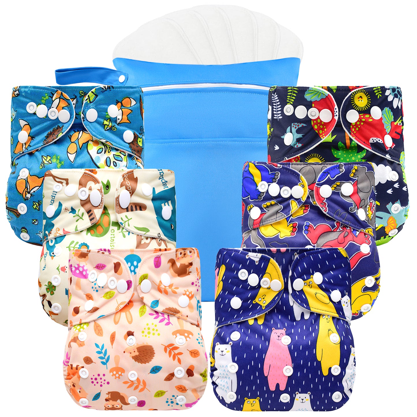 6 Pack Baby Cloth Diapers with 6 Inserts and 1 Wet Bag, One Size Adjustable Washable Reusable for Baby Girls and Boys