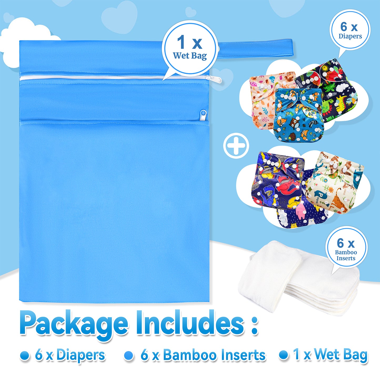 6 Pack Baby Cloth Diapers with 6 Inserts and 1 Wet Bag, One Size Adjustable Washable Reusable for Baby Girls and Boys