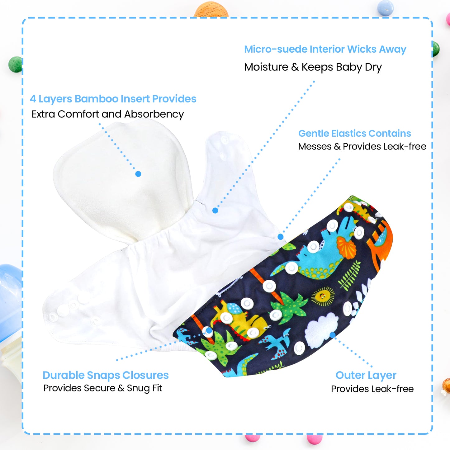 6 Pack Baby Cloth Diapers with 6 Inserts and 1 Wet Bag, One Size Adjustable Washable Reusable for Baby Girls and Boys