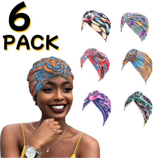 Phogary 6 Pack Women Turbans African Pattern Knot Headwrap Bohemian Print Pre Tied Flower Knot Bonnet Hat for Women Girls