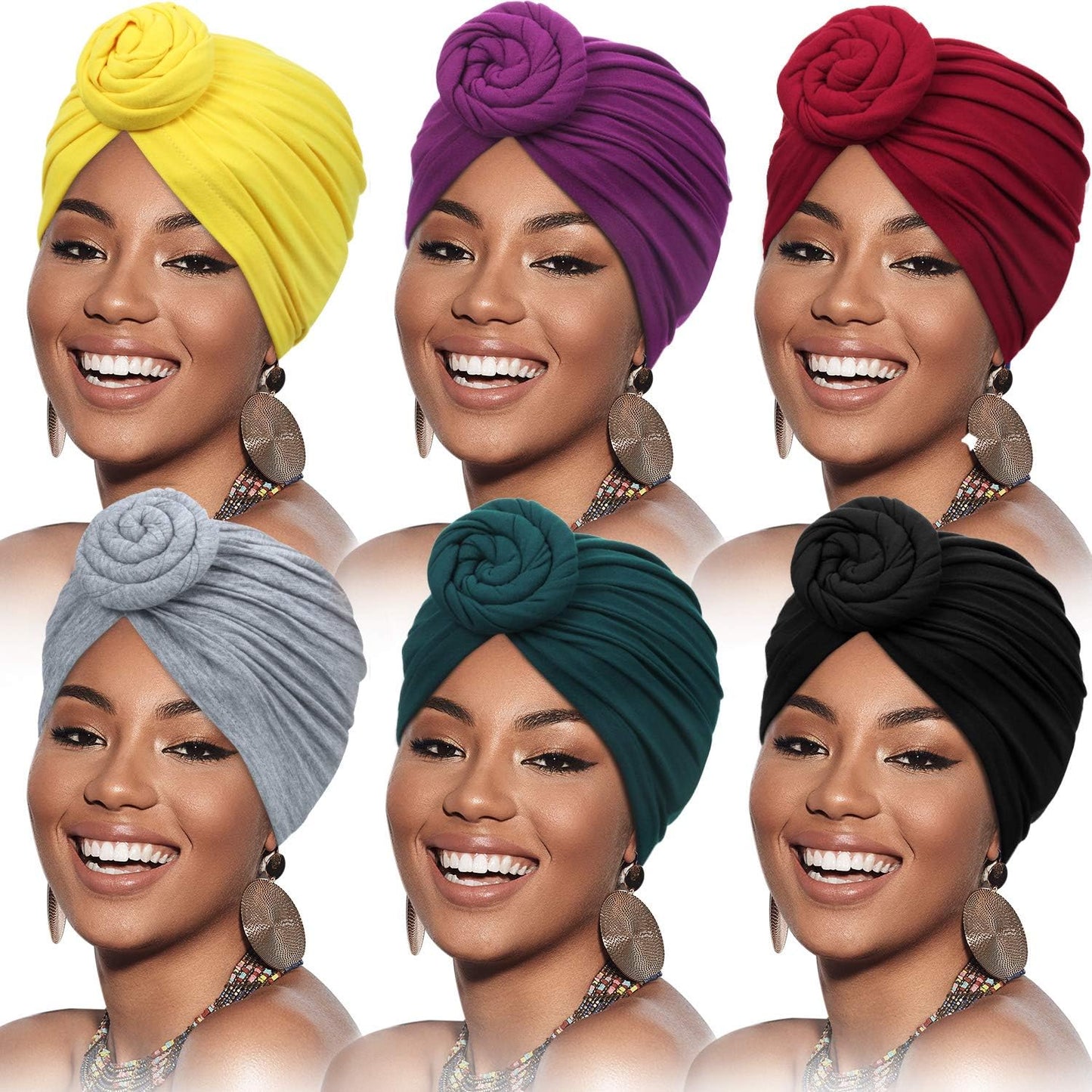 Phogary 6 Pack African Head Wrap Headbands for Women Turbans Hair Wraps Pre-Tied Pattern Bonnet Turban Knot Beanie Cover Hat